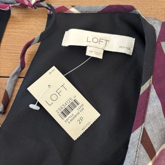 NWT Ann Taylor Loft Black Plaid Tie Back Long Sleeve A Line Dress Size 2P Pink - Picture 9 of 11